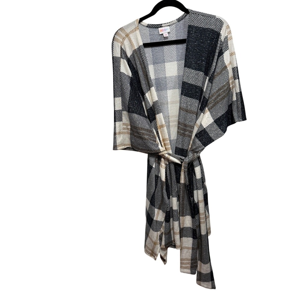 LuLaRoe Savannah Kaftan Wrap‎ Cardigan Womens S/M White Black Gold Plaid Kimono